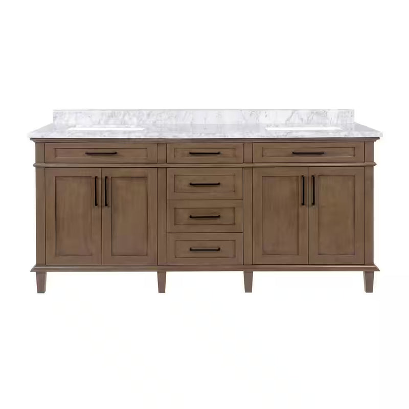 Sonoma 72 In. Double Sink Almond Latte Bath Vanity with Carrara Marble Top (Assembled) - Puck's