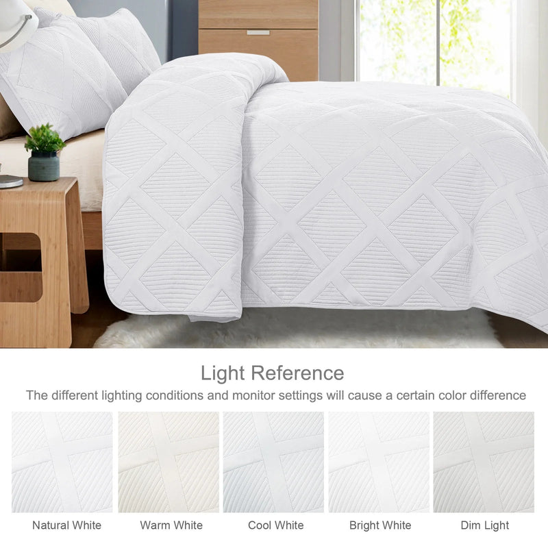 Ultrasonic King Quilt Set, 3-Piece Lightweight Bedspreads Modern Striped Coverlet, White - Puck's