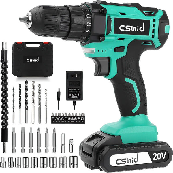20V Cordless Drill, Electric Power Drill Set with 1 Battery & Charger, 3/8" Keyless Chuck, 2 Variable Speed & LED Light, 266 In-Lb Torque, 25+1 Position and 34Pcs Drill/Driver Bits(Green) - Puck's