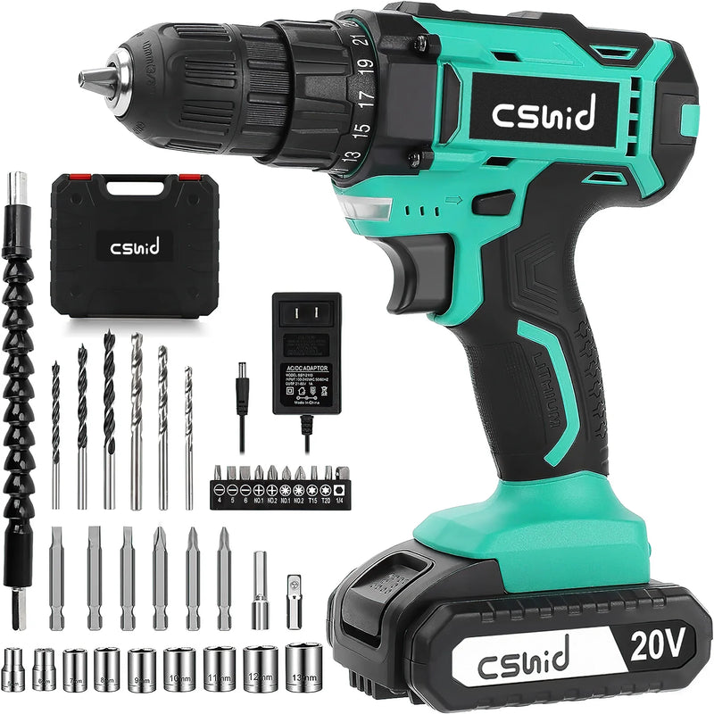 20V Cordless Drill, Electric Power Drill Set with 1 Battery & Charger, 3/8" Keyless Chuck, 2 Variable Speed & LED Light, 266 In-Lb Torque, 25+1 Position and 34Pcs Drill/Driver Bits(Green) - Puck's