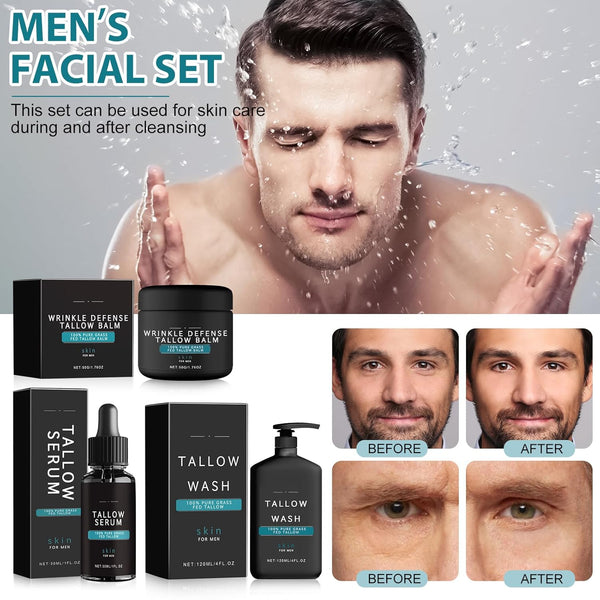 Wrinkle Defense Tallow Balm,Skin Care for Men,Natural Tallow Moisturizer Face,Beef Tallow Balm Face Moisturizer,Diminish Fine Lines,Wrinkles | Mens Skincare Kit(Cream & Face Wash & Night Serum) - Puck's