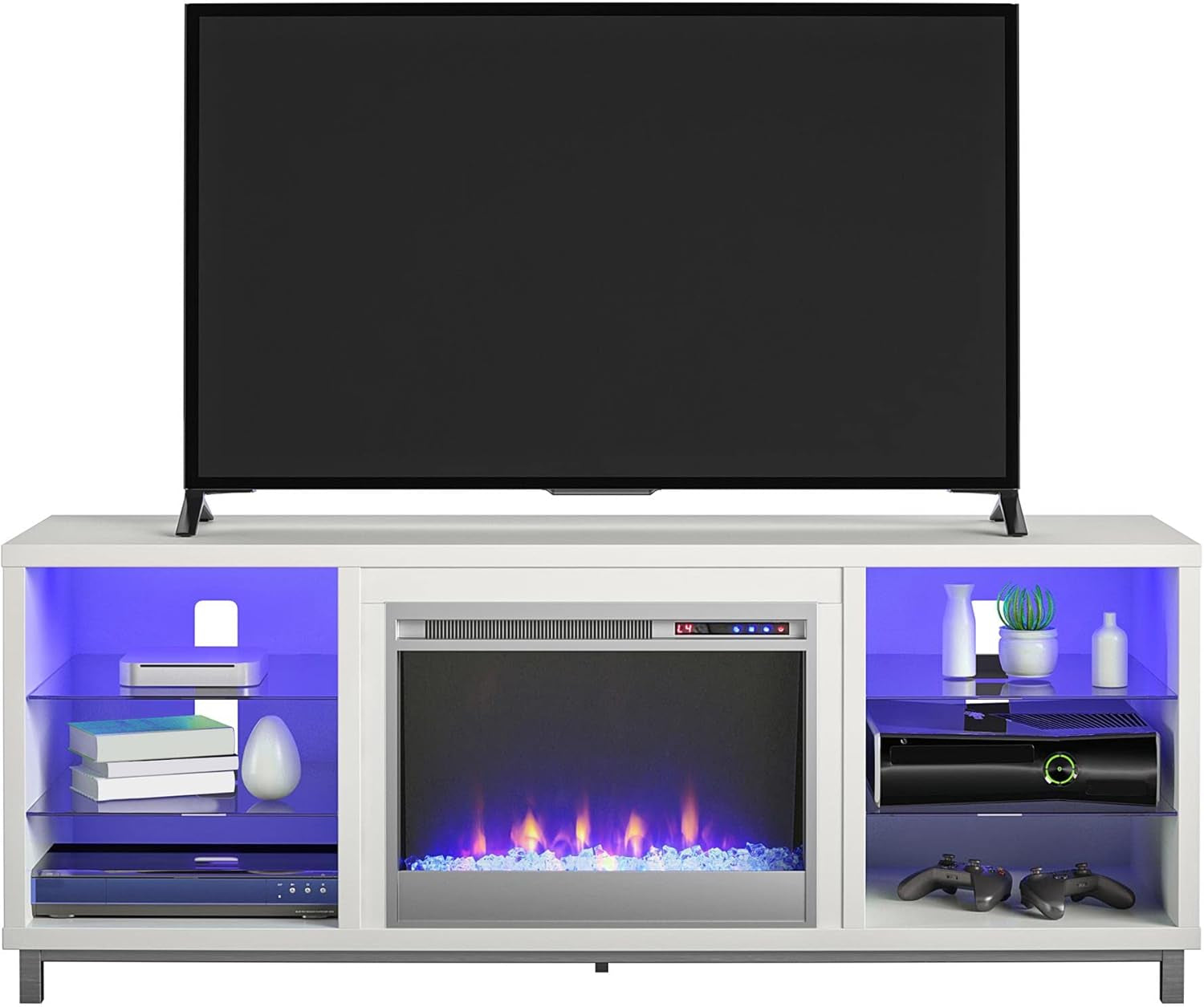 Lumina Fireplace TV Stand for Tvs up to 70 Inch, Replaceable Electric Fireplace Insert Heater, Remote Control, Timer, Color Changing LED Lights, Crystal Ember Flames, White - Puck's