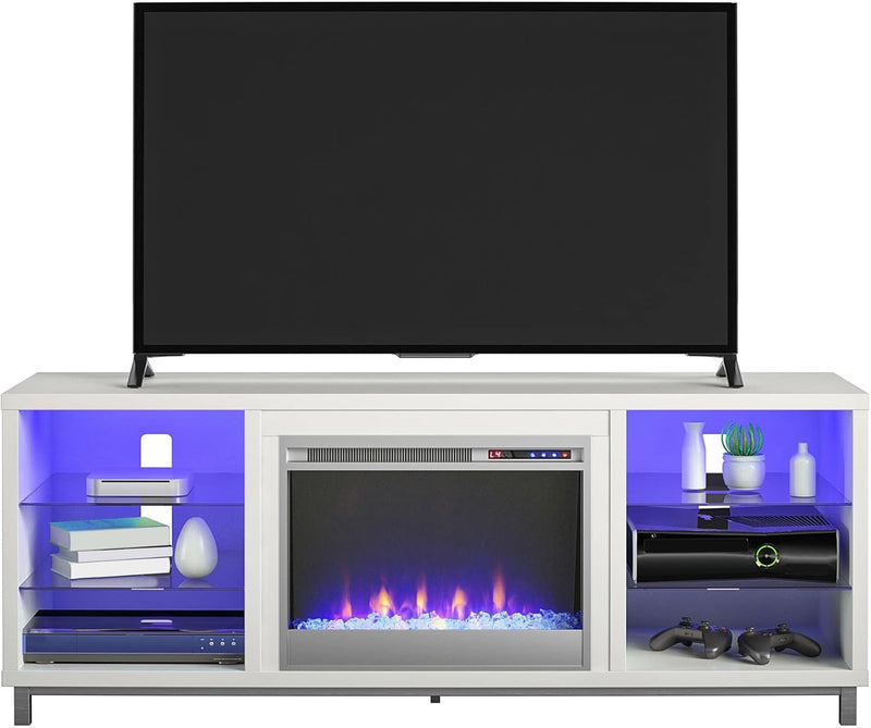 Lumina Fireplace TV Stand for Tvs up to 70 Inch, Replaceable Electric Fireplace Insert Heater, Remote Control, Timer, Color Changing LED Lights, Crystal Ember Flames, White - Puck's