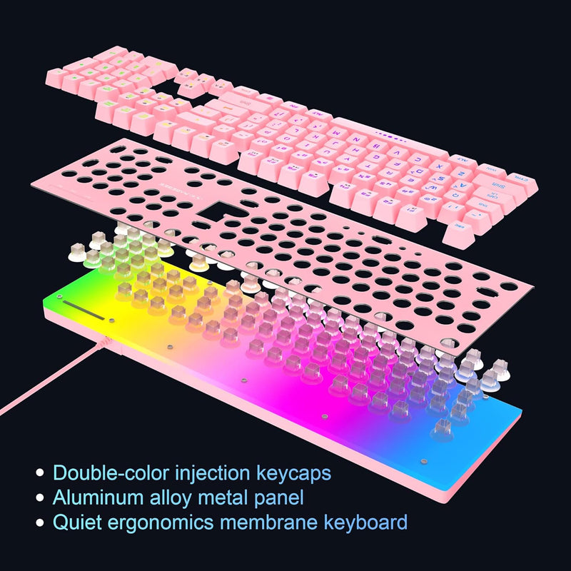GT838 Gaming Keyboard and Mouse Combo, 104 Keys RGB Backlit Quiet Wired Keyboards for Laptop PC MAC, with Number Pad, Metal Panel, Anti-Ghosting, Pink - Puck's