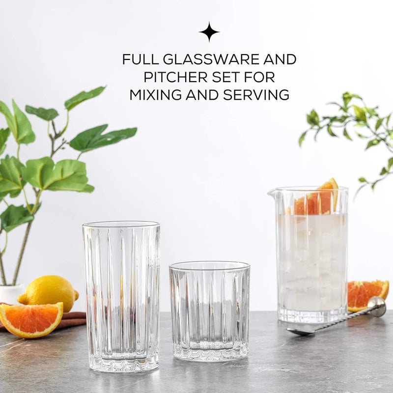 Alina Clear Ribbed Glass Drinking Glass Set, Highball Glasses and Tumbler Glasses - Set of 8 - Puck's