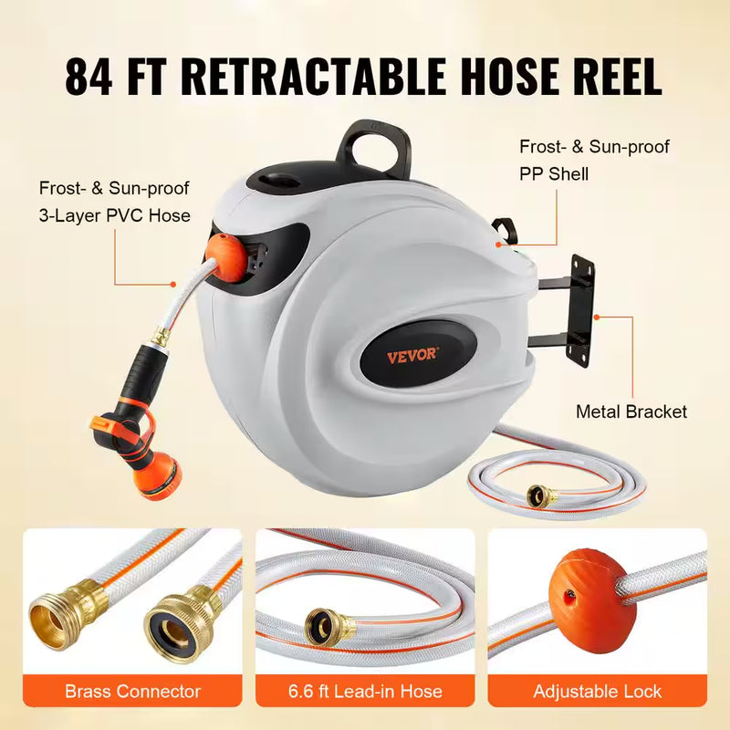 Retractable Hose Reel 5/8 In. Dia X 84 Ft. Garden Water Hose Reel W/9-Pattern Nozzle 180° Swivel Bracket Wall-Mounted - Puck's