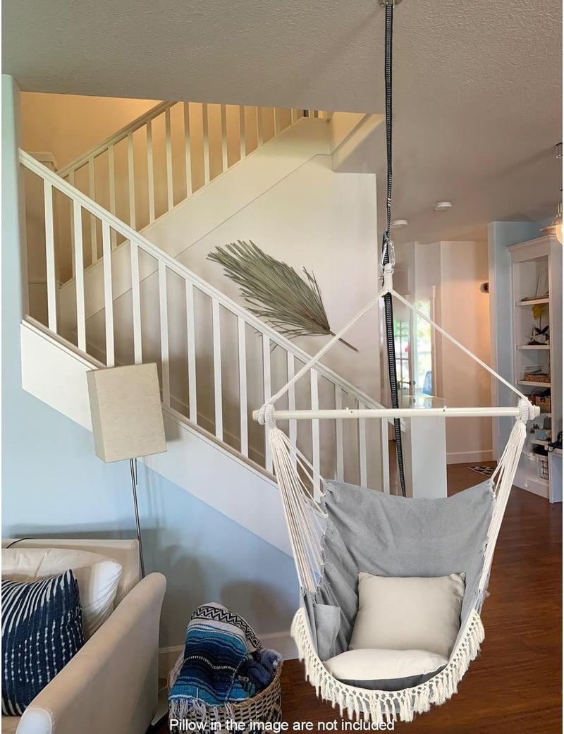 Hammock Chair Hanging Swing Max 500 Lbs 2 Cushions Included Steel Spreader Bar with Anti-Slip Grooves Portable Hanging Chair Side Pocket Large Macrame Bohemian Chair Indoor Outdoor - Puck's