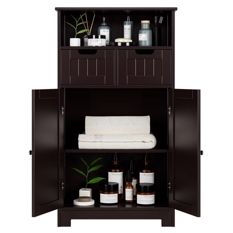 Bathroom Cabinet, Floor Storage Cabinet with 2 Doors and 2 Drawers, Free Standing Wooden Storage Organizer for Living Room, Dark Brown - Puck's
