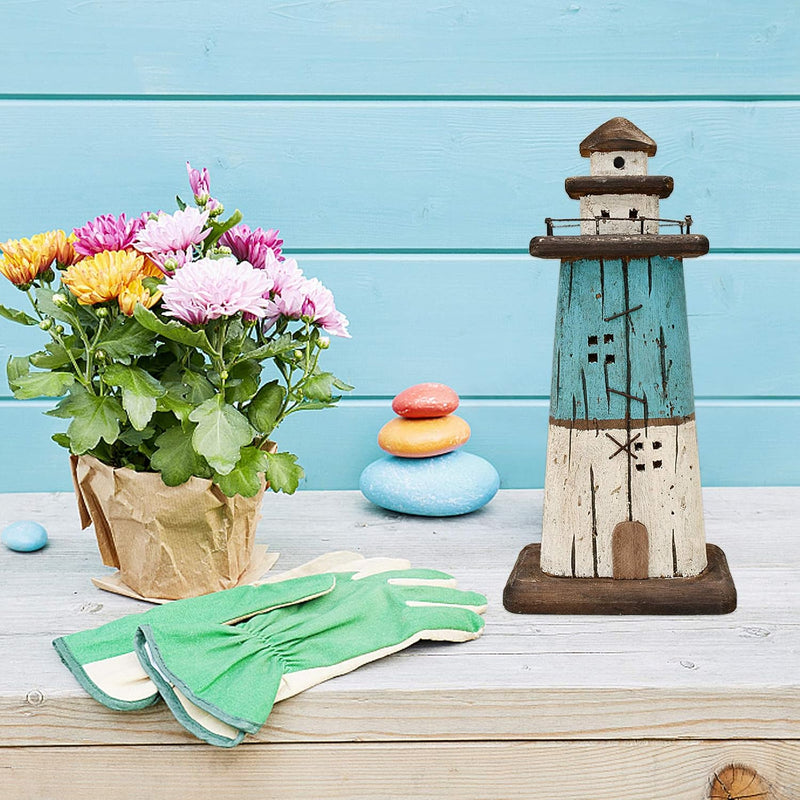 Wood Lighthouse Decor Nautical Light House Beach Coastal Ocean Decorations Table Seaside Marine Themed Home Decor Lake House Bathroom Shelf Table Centerpiece 13 Inch (Bloue White) - Puck's
