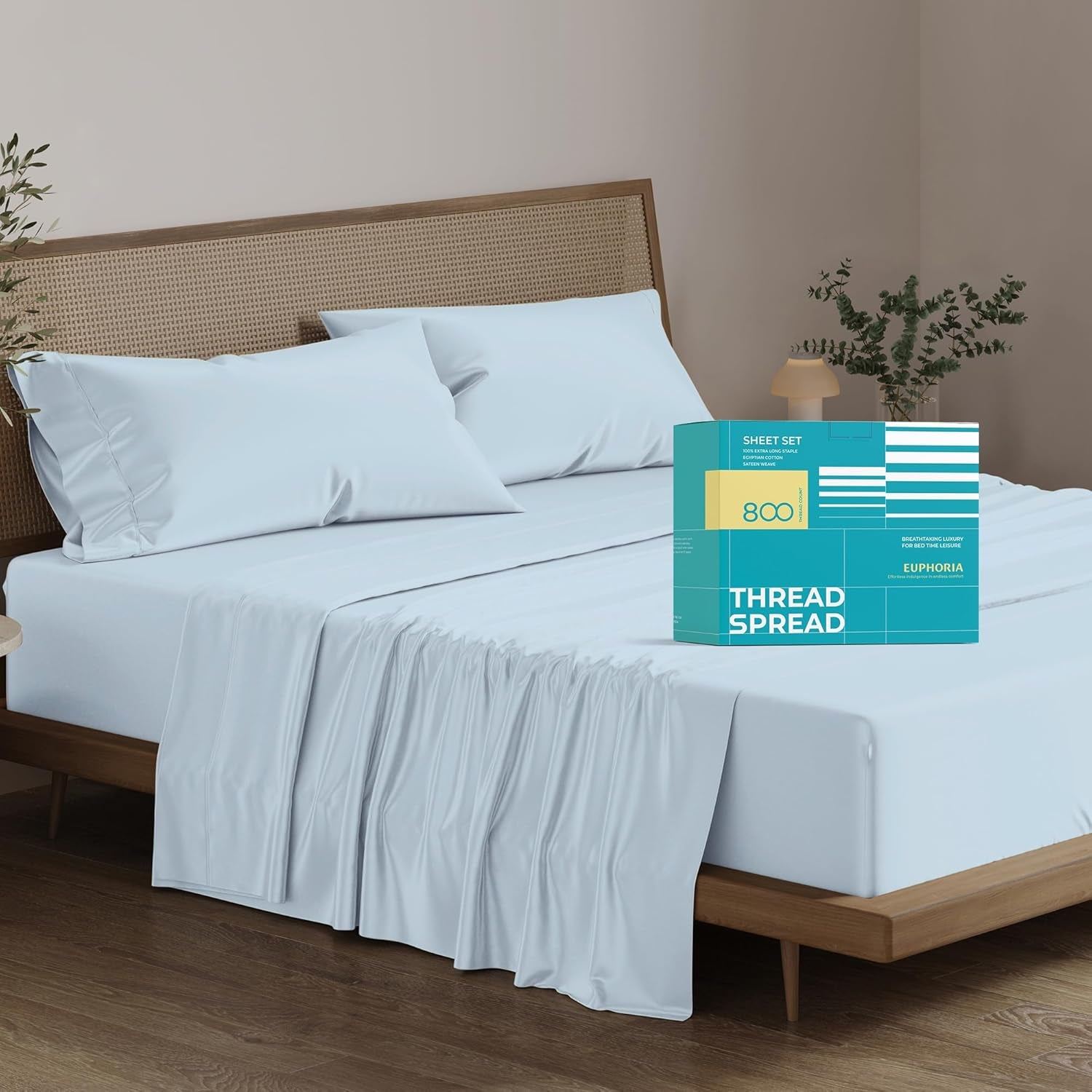 100% Egyptian Cotton Sheets California King Size - 800 Thread Count 4 PC Luxury Cal King Sheets, 16" Deep Pocket Hotel Sheets, Sateen Weave, Extra Soft Cooling Bed Sheet Set - Light Blue - Puck's