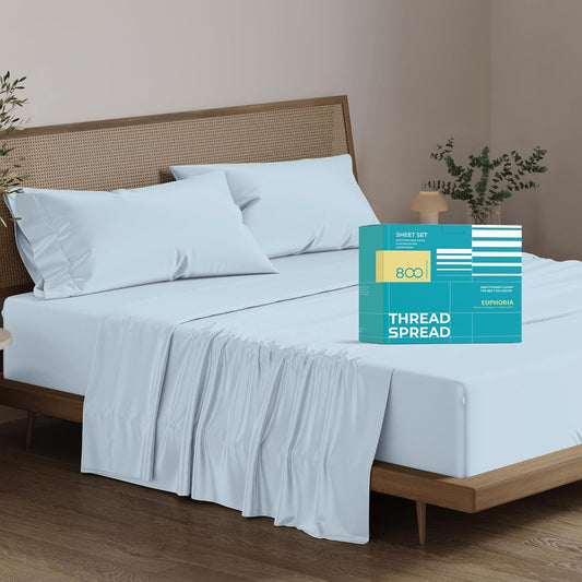 100% Egyptian Cotton Sheets California King Size - 800 Thread Count 4 PC Luxury Cal King Sheets, 16" Deep Pocket Hotel Sheets, Sateen Weave, Extra Soft Cooling Bed Sheet Set - Light Blue - Puck's Puck's