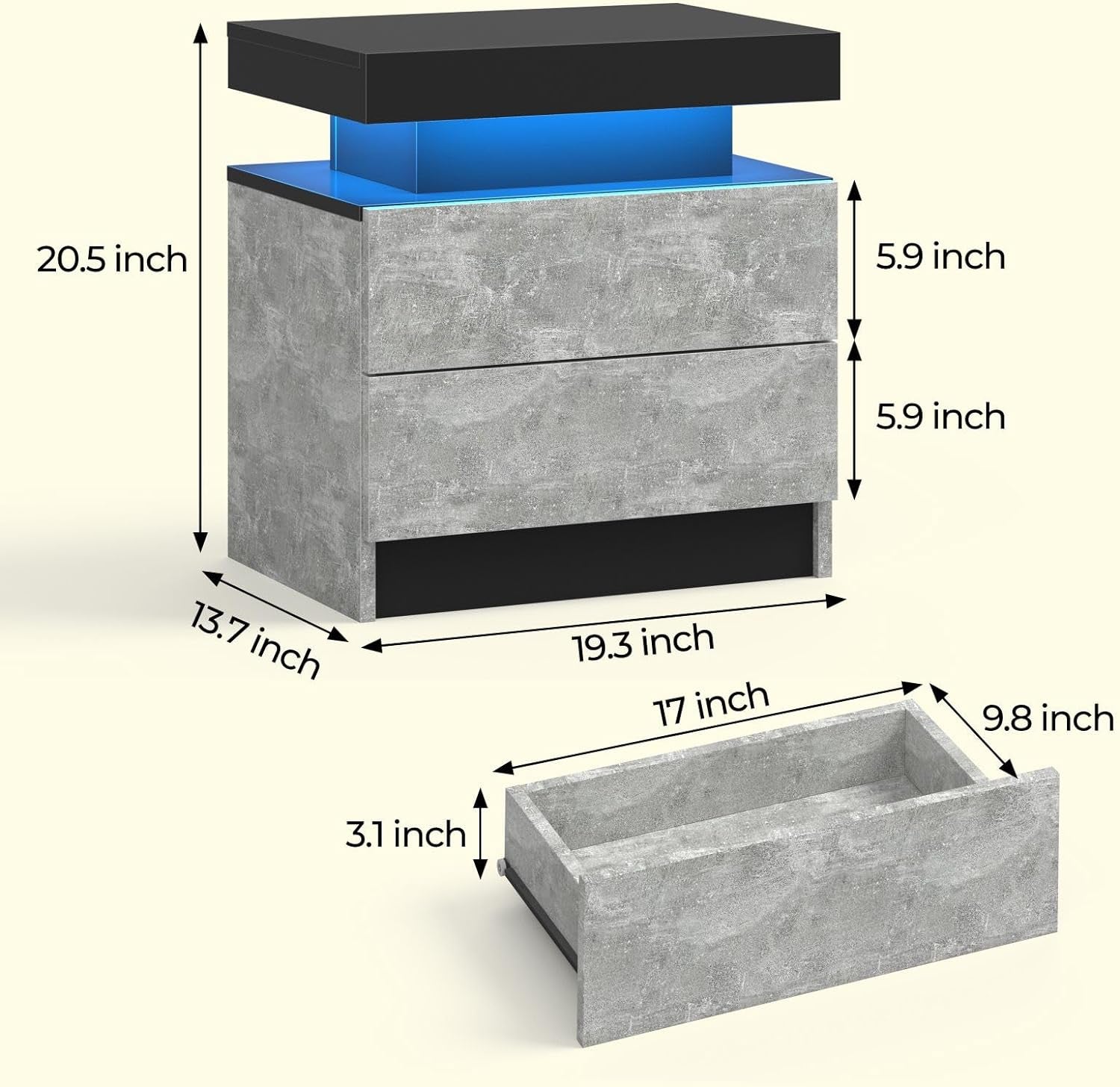 Bedside Table with 2 Drawers, LED Nightstand Wooden Cabinet Unit with LED Lights for Bedroom, End Table Side Table for Bedroom Living Room, Grey - Puck's