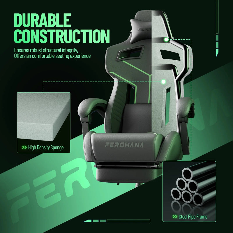 Grey Gaming Chair with Footrest, Ergonomic Computer Chair with Adjustable Height, Leather Office Chair with Massage Lumbar Support, Video Game Gamer Chair for Adults - Puck's