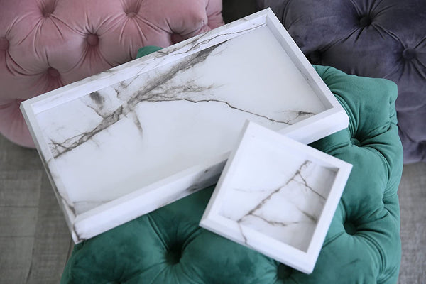 2 Pcs Marble Print Vanity Tray Set for Women, Marble Decor Catchall Tray for Entry, Faux Marble Perfume Tray Candle Tray, Cosmetics Storage, Jewelry Organizer (Wooden, Marble White) - Puck's