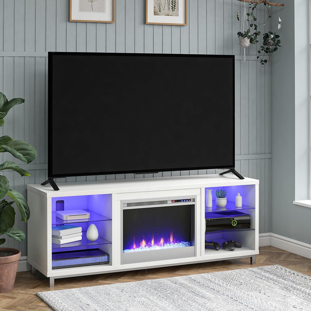 Lumina Fireplace TV Stand for Tvs up to 70 Inch, Replaceable Electric Fireplace Insert Heater, Remote Control, Timer, Color Changing LED Lights, Crystal Ember Flames, White - Puck's