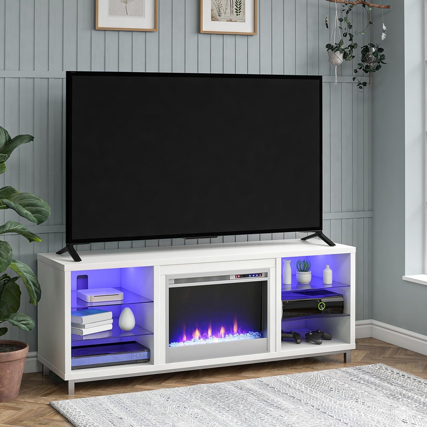 Lumina Fireplace TV Stand for Tvs up to 70 Inch, Replaceable Electric Fireplace Insert Heater, Remote Control, Timer, Color Changing LED Lights, Crystal Ember Flames, White - Puck's