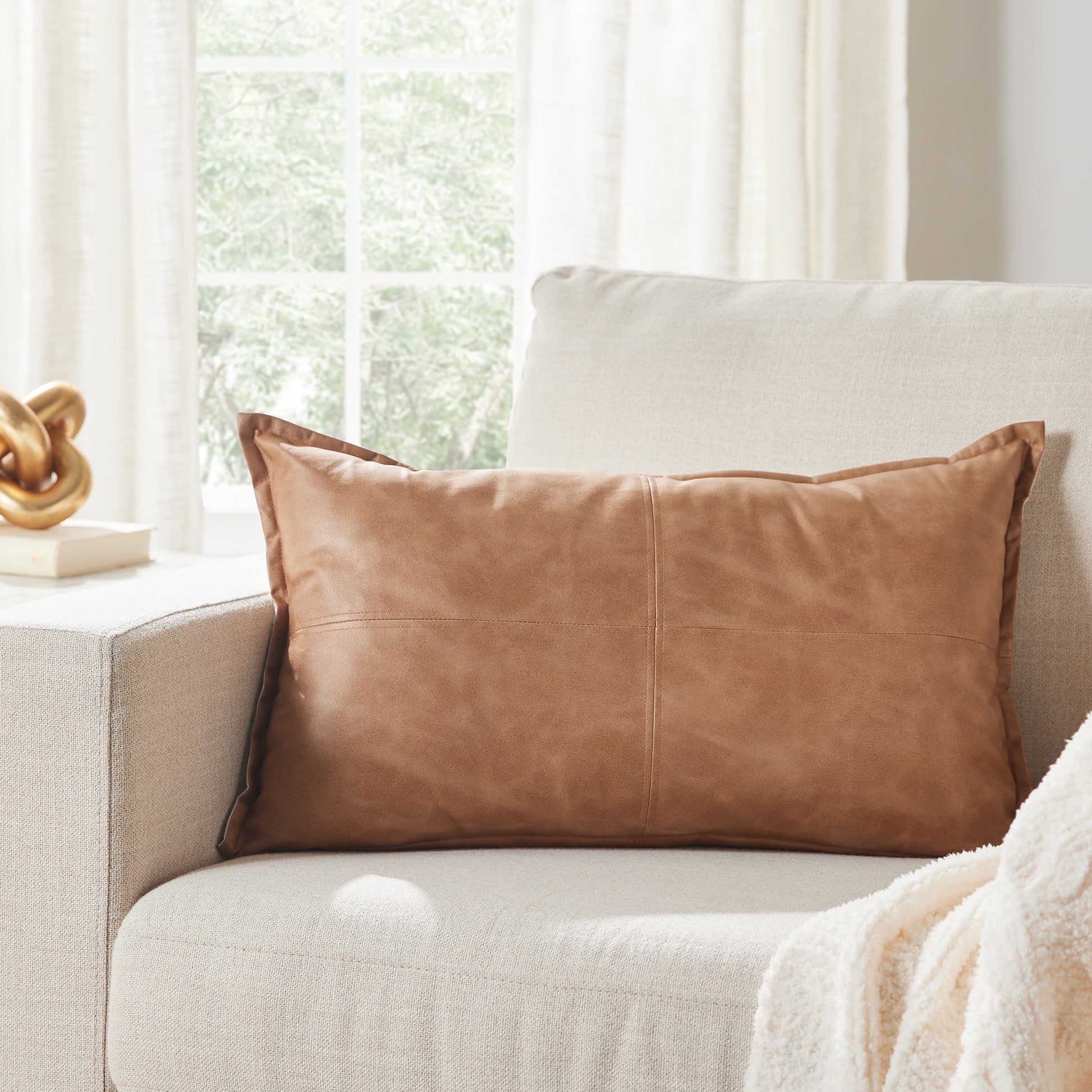 (2 Pack)  14" X 24" Beige Vegan Leather Decorative Pillow - Puck's