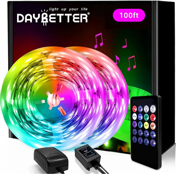 100Ft LED Strip Lights, 2 Rolls of 50Ft Music Sync RGB Color Changing Strip Lights with IR Remote for Bedroom Decoration - Puck's