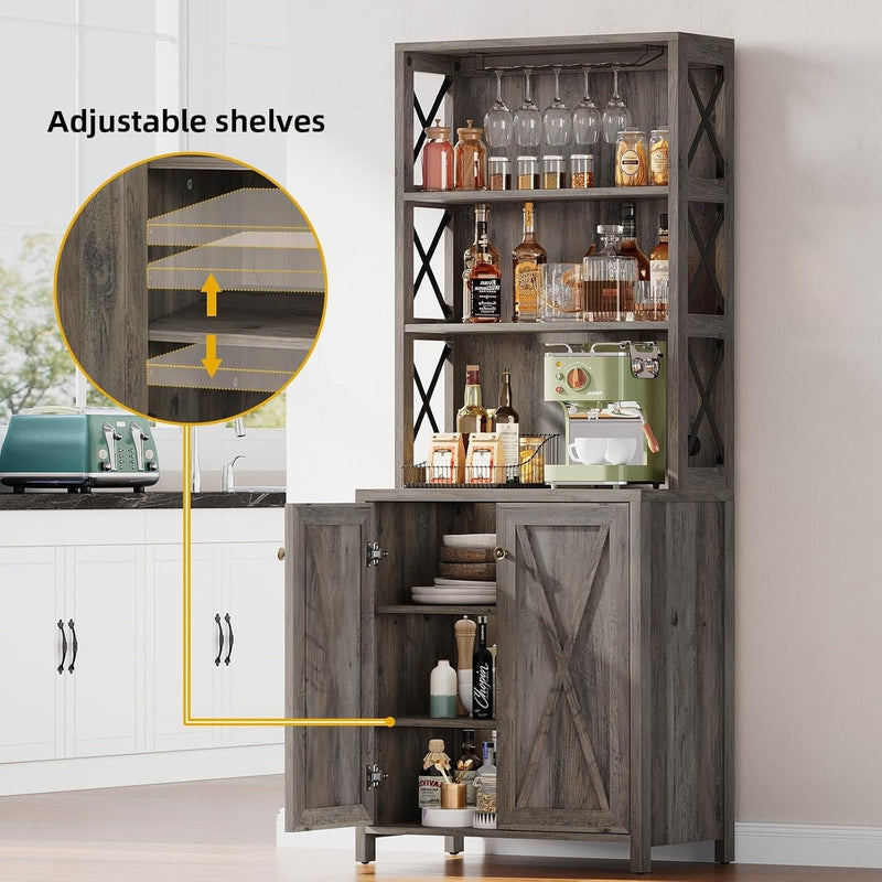 67" Tall Wine Bar Cabinet for Liquor and Glasses, Farmhouse Kitchen - Puck's