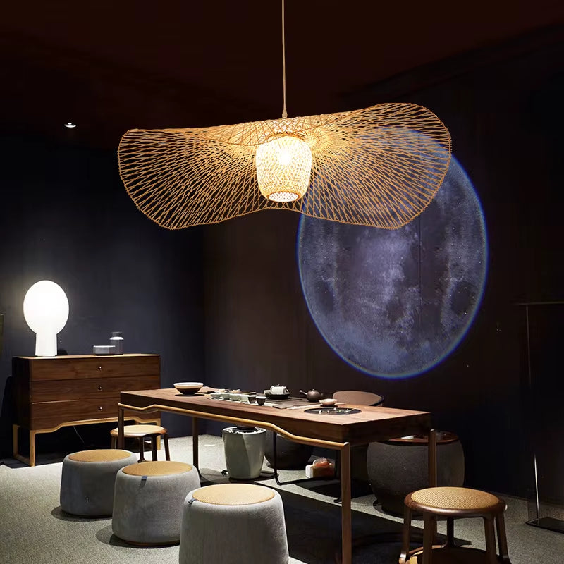 Chinese Bamboo Weaving Wicker Rattan Shade Cap Pendant Light E27 Lamps Lanterns Handmade Living Room Hotel Pendant Lamps - Puck's