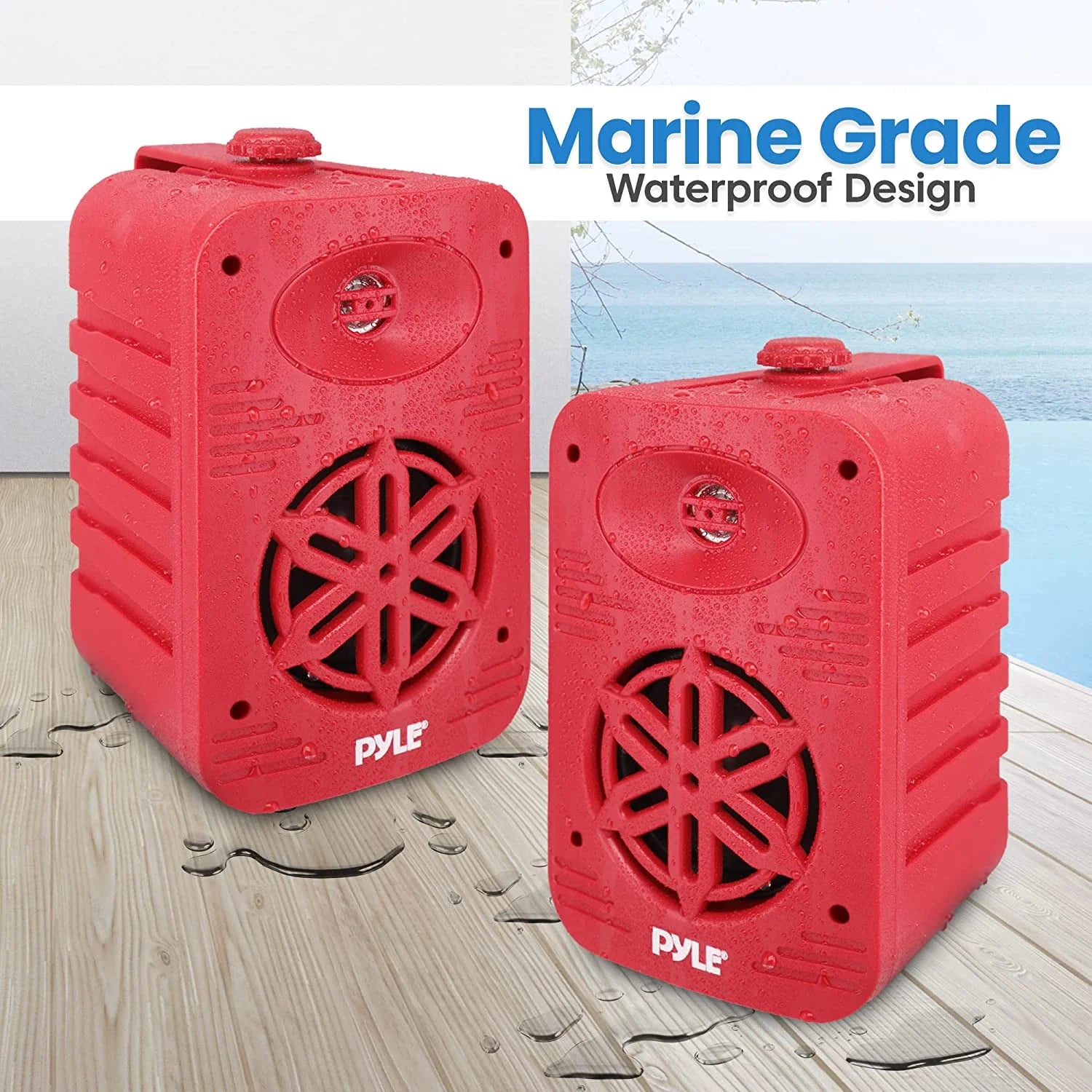 Indoor Outdoor Speakers - 500 Watt Dual Waterproof 5.25" 2-Way Full Range Speaker System, Red - Puck's