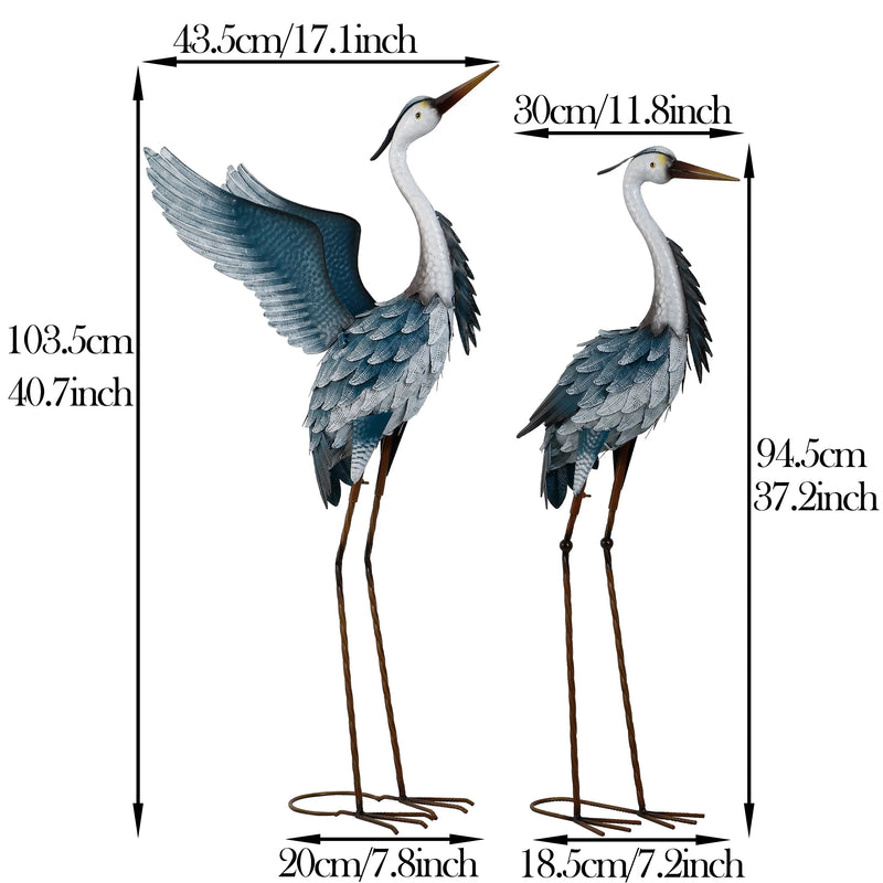 2Pcs 40.75''H, 37.20''H Blue Metal Heron Decor Garden Sculptures Statues, Large Crane Bird Yard Art for Outdoor Porch Party Decorations - Puck's
