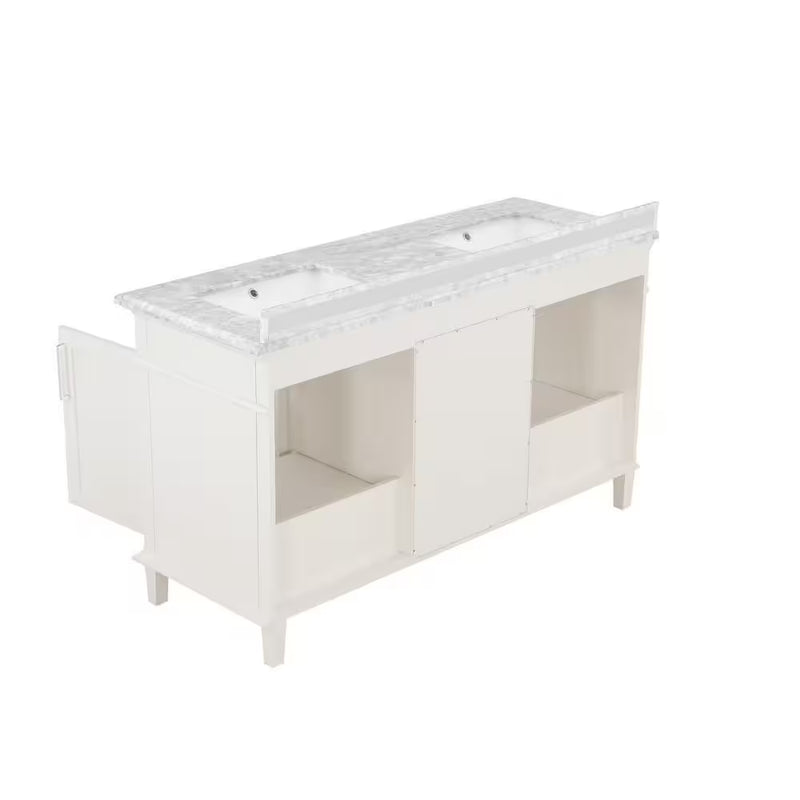 Sonoma 60 In. Dubbele wastafel off white badmeubel met Carrara marmeren blad (gemonteerd) - Puck's