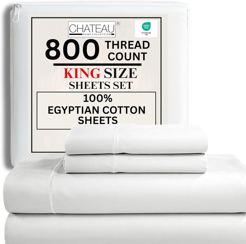 100% Egyptian Cotton Sheets King Size Sheets Set with Fully Elasticated Fitted Sheet & Pillowcase Sets, 800 TC Hotel Collection Deep Pocket King Sheet Set, No Pill Soft Breathable Luxury White Bedding - Puck's