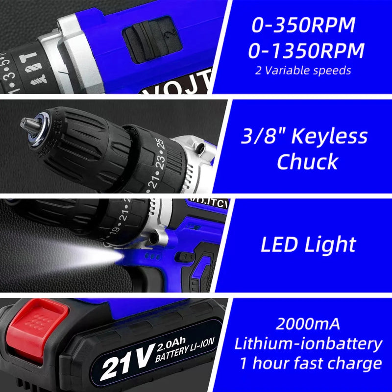 Cordless Drill, 21V Power Drill Set, 25+1 Position Adjustable Torque Electric Drill, 2-Speed Transmission for Screwdriving and Drilling, Blue - Puck's
