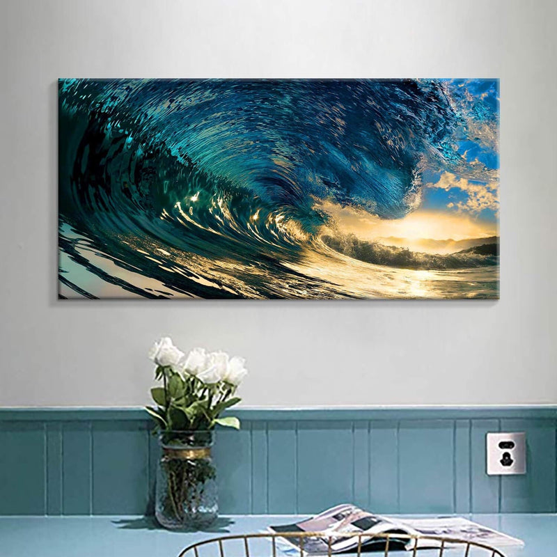 Ocean Wave Canvas Wall Art: Stunning Sunset Seascape Artwork Painting Print on Canvas for Living Room (40 Inch X 20 Inch X 1 Panel) - Puck's