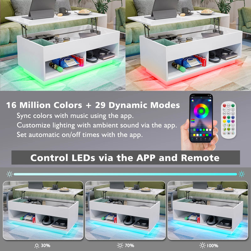 LED Lift Top Coffee Table with Hidden Compartment High Gloss White Coffee Tables Center Rising Cocktail Table for Living Room Accent Furniture - Puck's