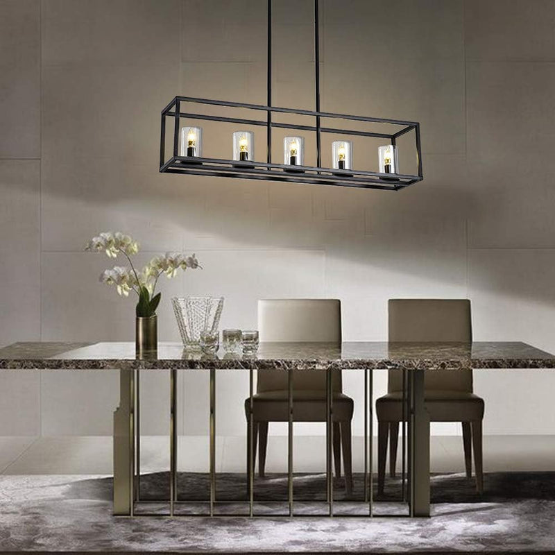 Kitchen Light Fixtures Chandeliers Modern Dining Room Lighting Fixture Hanging Black 5 Light Kitchen Island Cage Pendant Lighting Farmhouse Flush Mount Ceiling Light with Glass Shade - Puck's