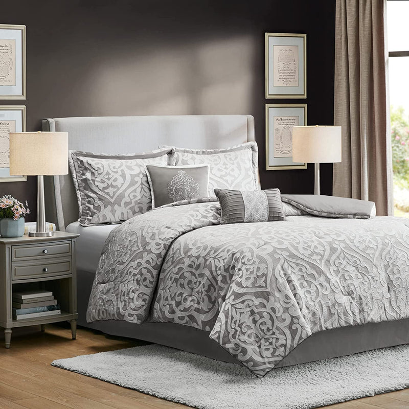Tesla Cozy Comforter Set Jacquard Damask Medallion Design - All Season down Alternative Bedding, Shams, Bedskirt, Decorative Pillows, Queen, Silver 6 Piece - Puck's