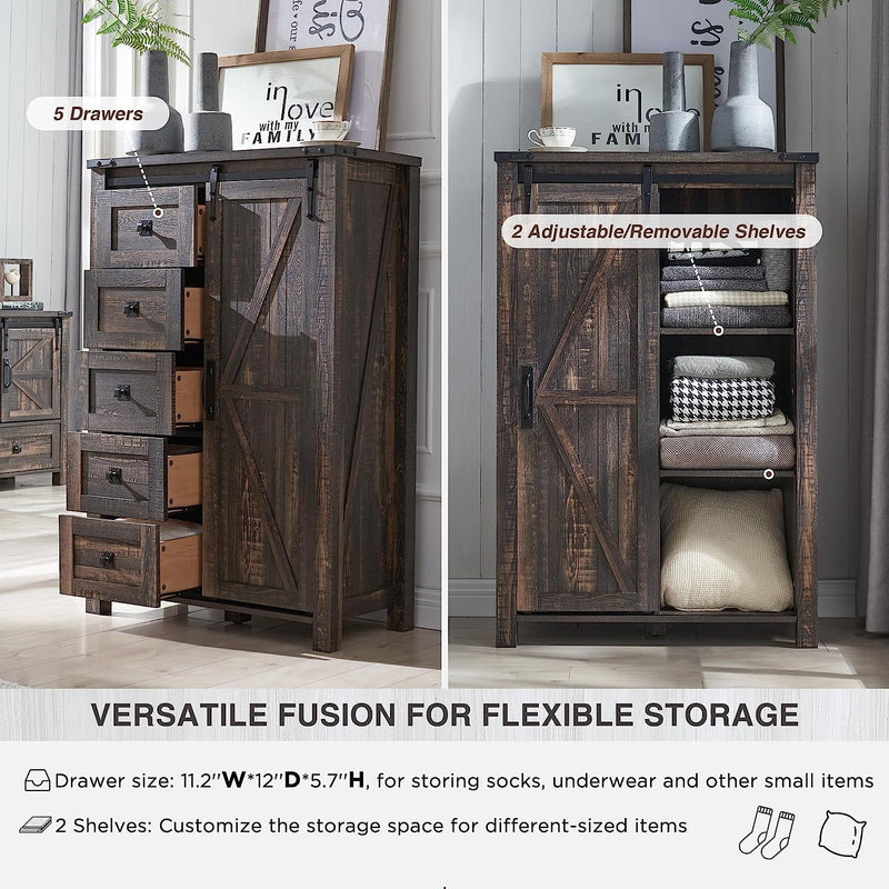 Modern Farmhouse 5-laden dressoir met schuurdeur, verstelbaar opbergmeubel voor slaapkamer, woonkamer, donker rustiek eiken - Puck's