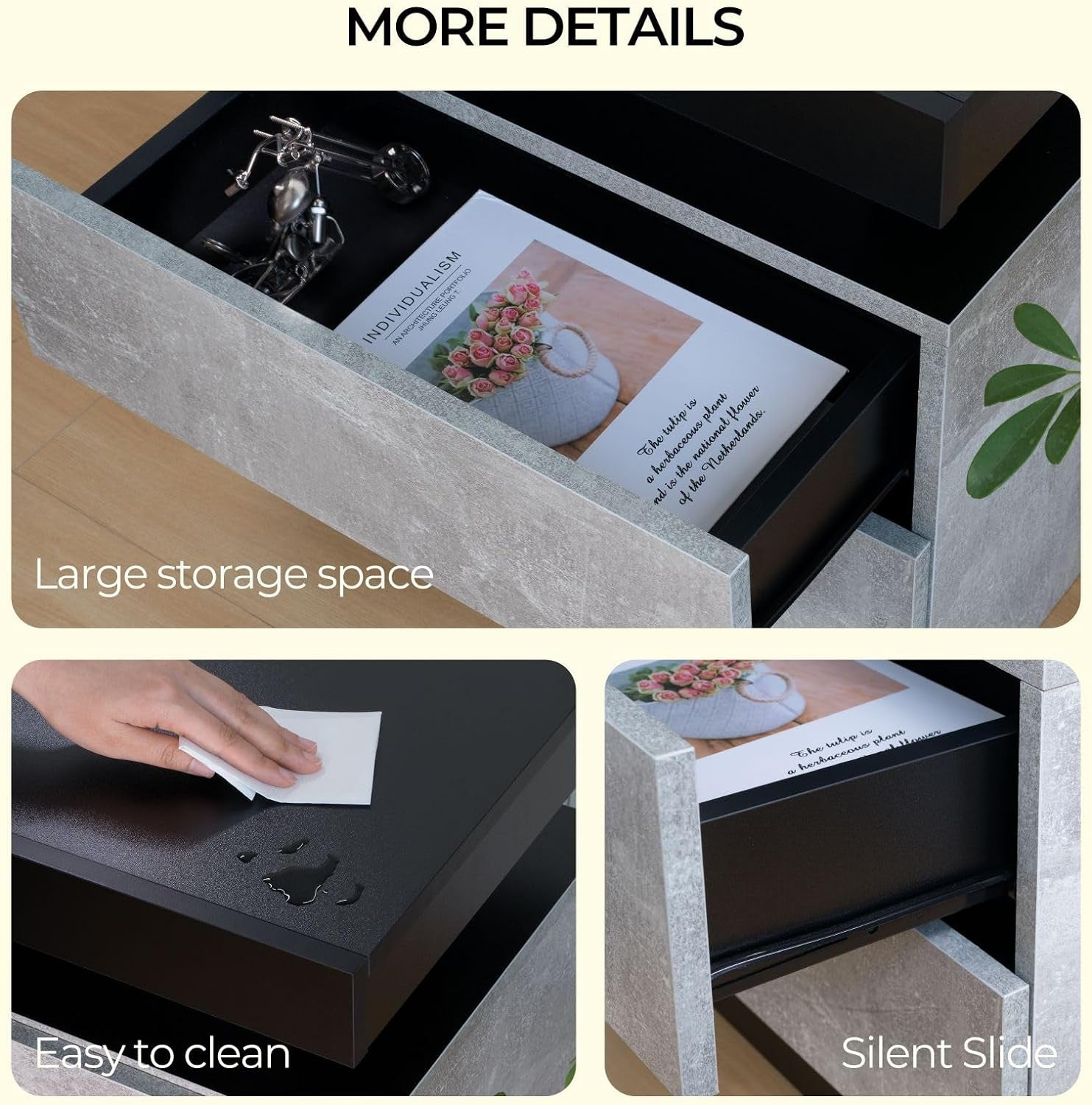 Bedside Table with 2 Drawers, LED Nightstand Wooden Cabinet Unit with LED Lights for Bedroom, End Table Side Table for Bedroom Living Room, Grey - Puck's