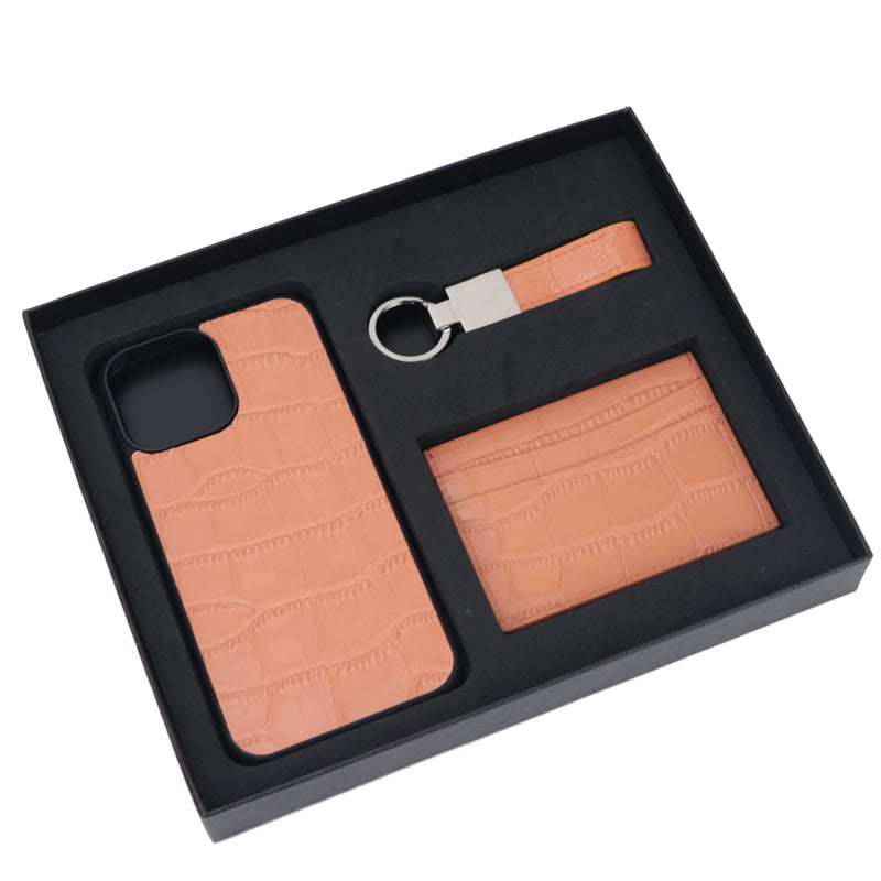 Customized Initials Gift Set Crocodile Pattern Leather Phone Case for Iphone Keychain Card Holder Gift Box Set Business Gift Set - Puck's