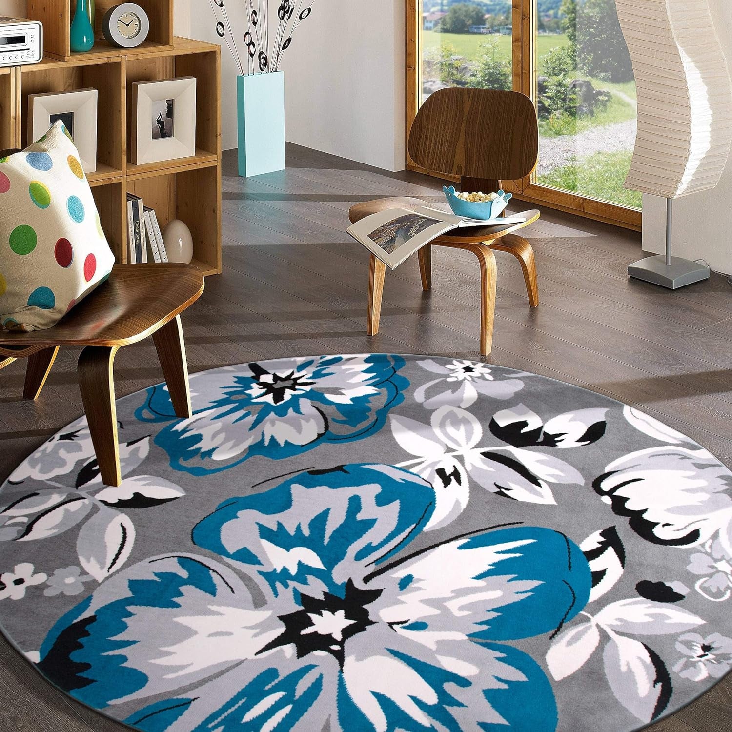 Modern Floral Design Area Rug for Living Room,Bedroom,Home Office,Kitchen Non Shedding round Rugs 6' 6" Blue (6' 6" Diameter) - Puck's