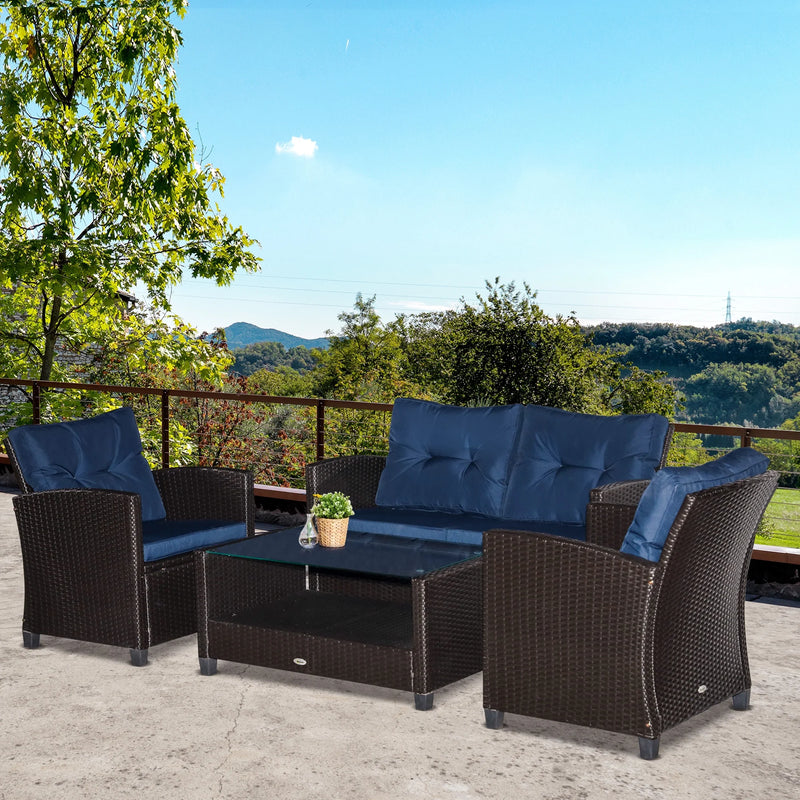 Outsunnny 4 Piece Patio Furniture Set, Outdoor Wicker Loveseat Sofa & Chairs, with 2-Tier Coffee Table & Tufted Cushions, Navy Blue - Puck's