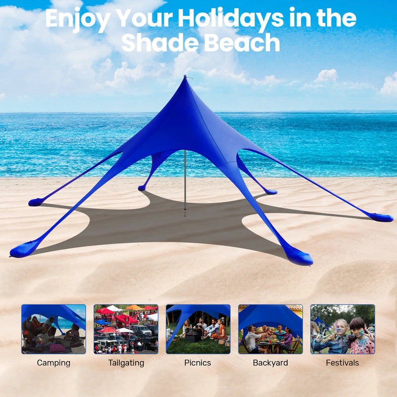 Beach Canopy Tent Sun Shade,  12X12 FT Beach Tent Sun Shelter UPF 50+ UV Protection with Sandbags , 1 Stability Poles and Ground Pegs and Anti-Wind Ropes,Blue