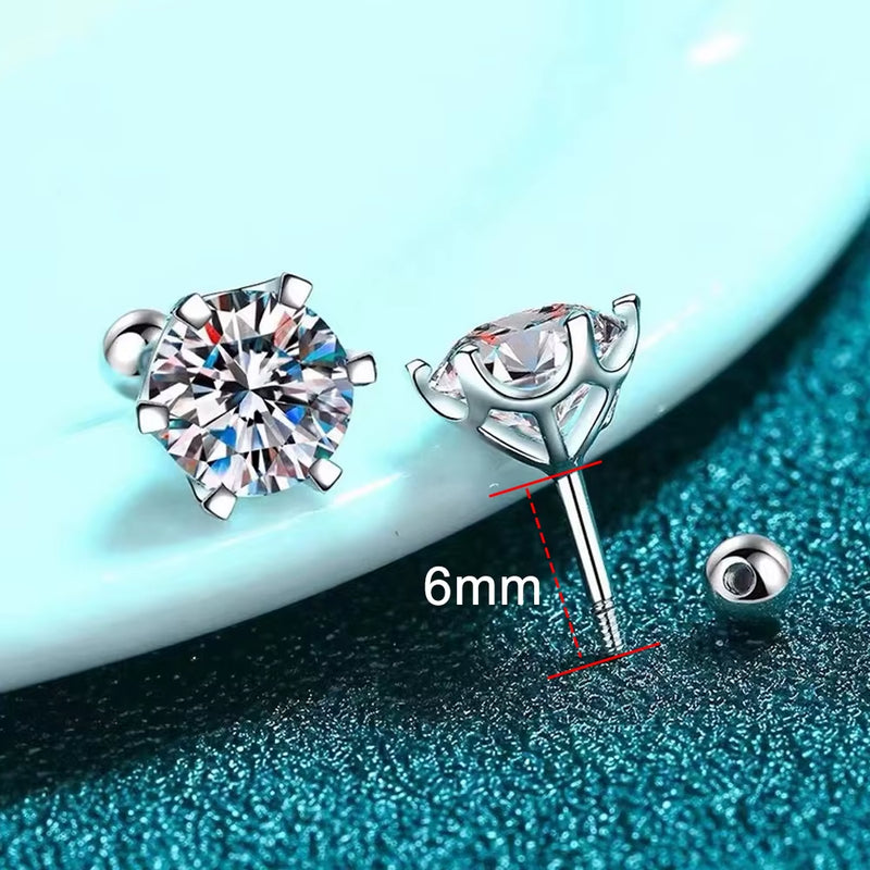 Moissanite Stud Earrings 18K White Gold Plated Sterling Silver D VVS1 round Cut Lab Diamond Screw Ear Studs for Women - Puck's