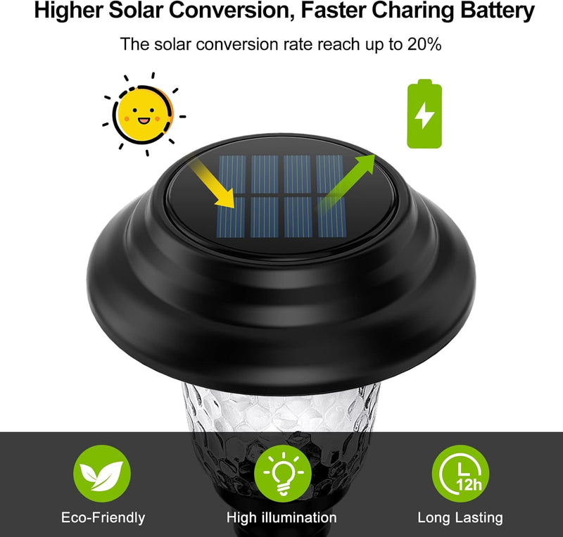 Glass Solar Lights Outdoor, 8 Pack Super Bright Solar Pathway Lights, up to 12 Hrs Long Last Auto On/Off Garden Lights Solar Powered Waterproof, Stainless Steel LED Landscape Lighting for Yard - Puck's