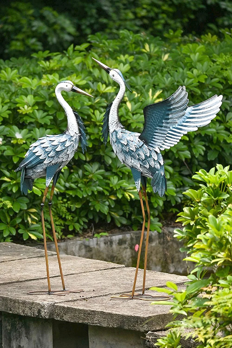 2Pcs 40.75''H, 37.20''H Blue Metal Heron Decor Garden Sculptures Statues, Large Crane Bird Yard Art for Outdoor Porch Party Decorations - Puck's