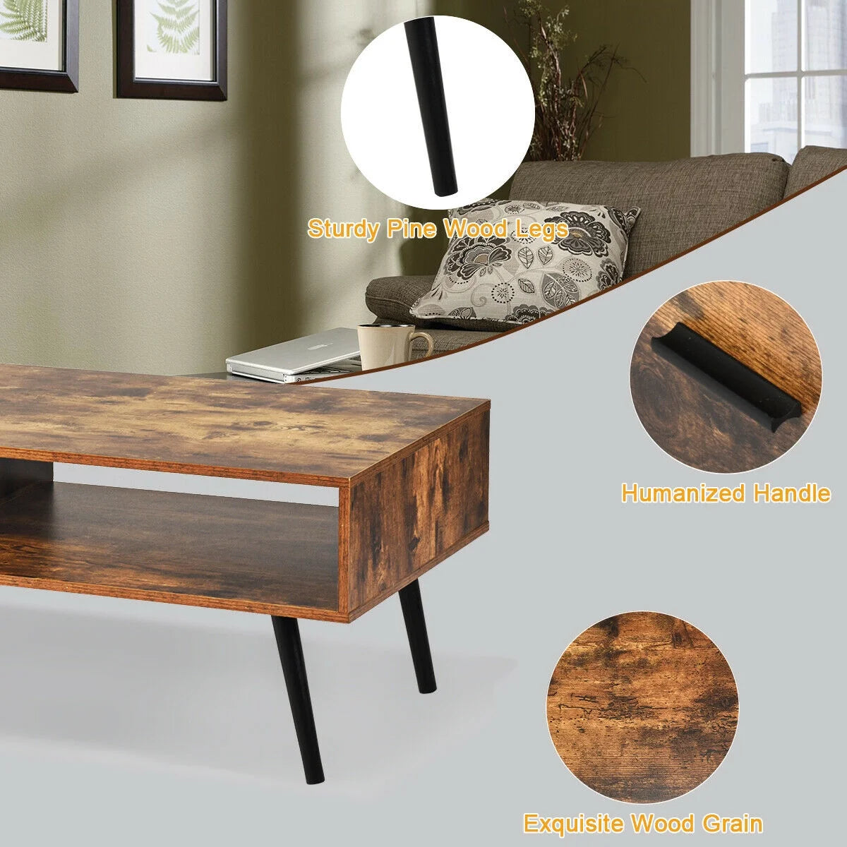 Retro Coffee Table Mid Century Modern Living Room Furniture W/Open Storage Shelf - Puck's