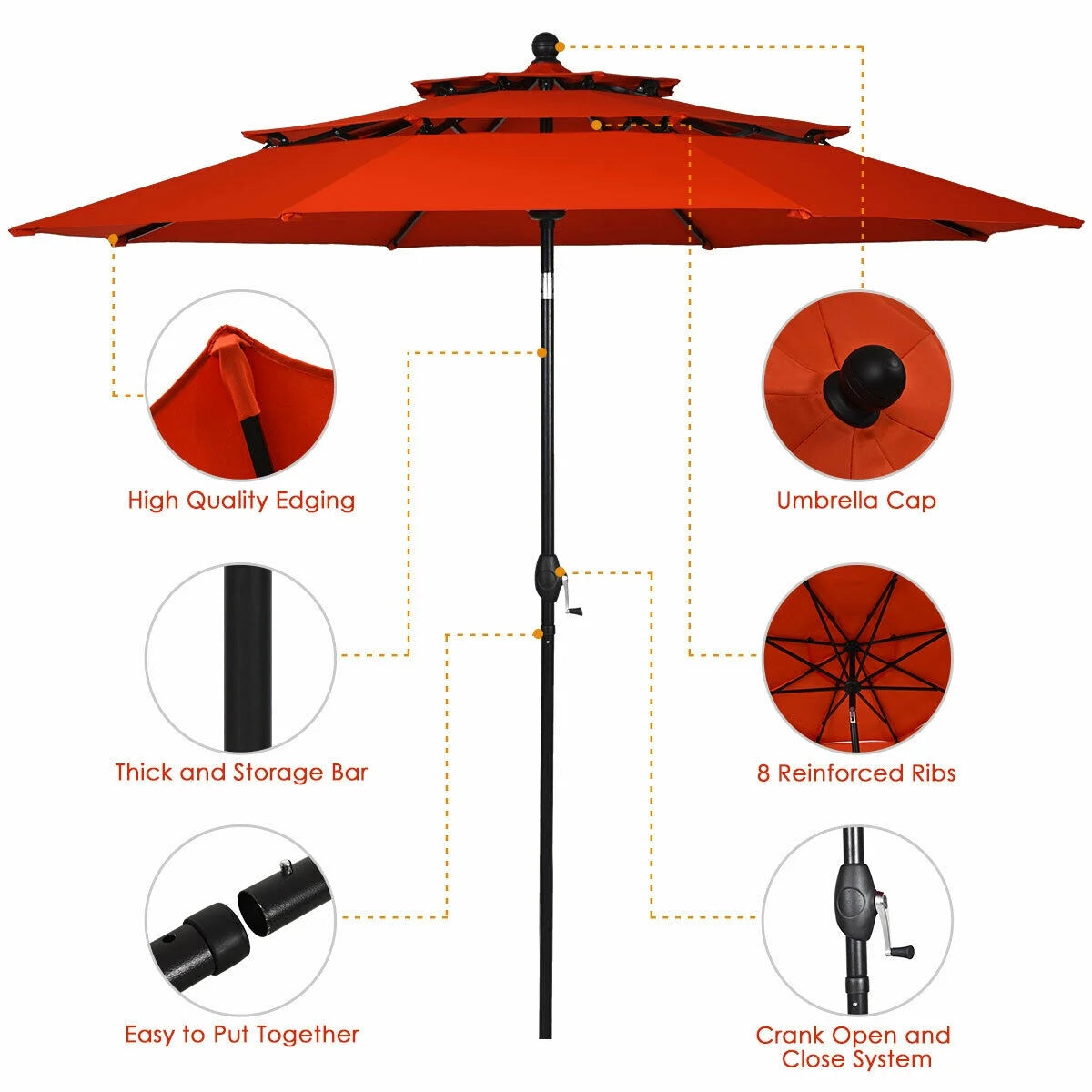 10Ft 3 Tier Patio Market Umbrella Aluminum Sunshade Shelter Double Vented Orange - Puck's