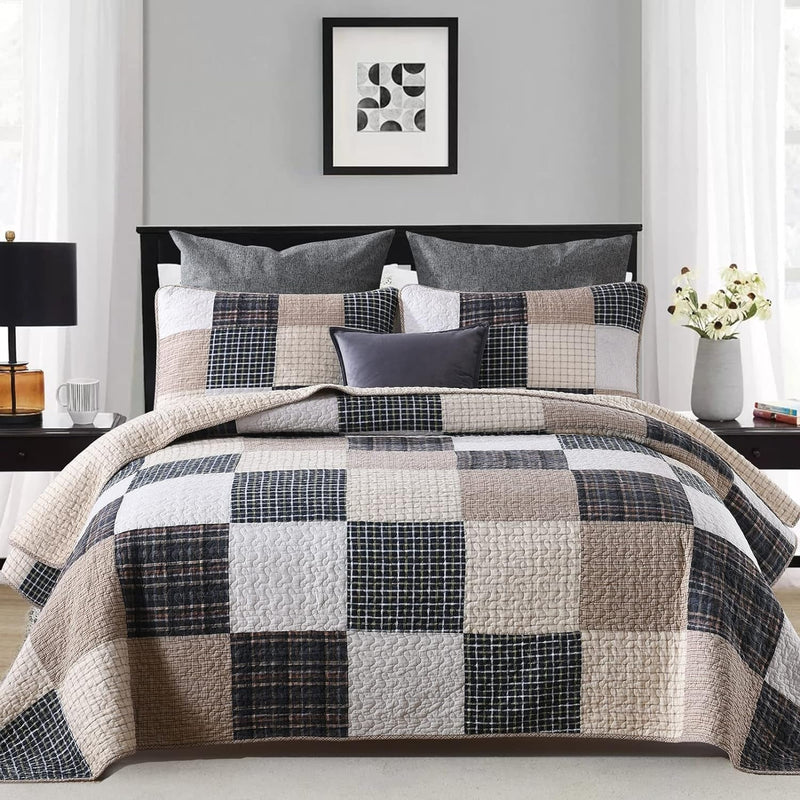 Quilt 100% Cotton King Size Quilt Set, Brown Khaki Black White Patchwork Plaid Bedspread, Lightweight Reversible Soft Summer Quilt Bedding Set, 3-Pieces - Puck's