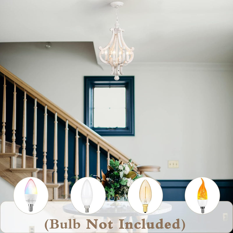 Farmhouse Rustic Wood Light Fixture Distressed White Dining Room Pendant Chandelier French Country 4 Light Candle Hanging Lamp for Kitchen Island Living Room Bedroom Entryway Foyer - Puck's