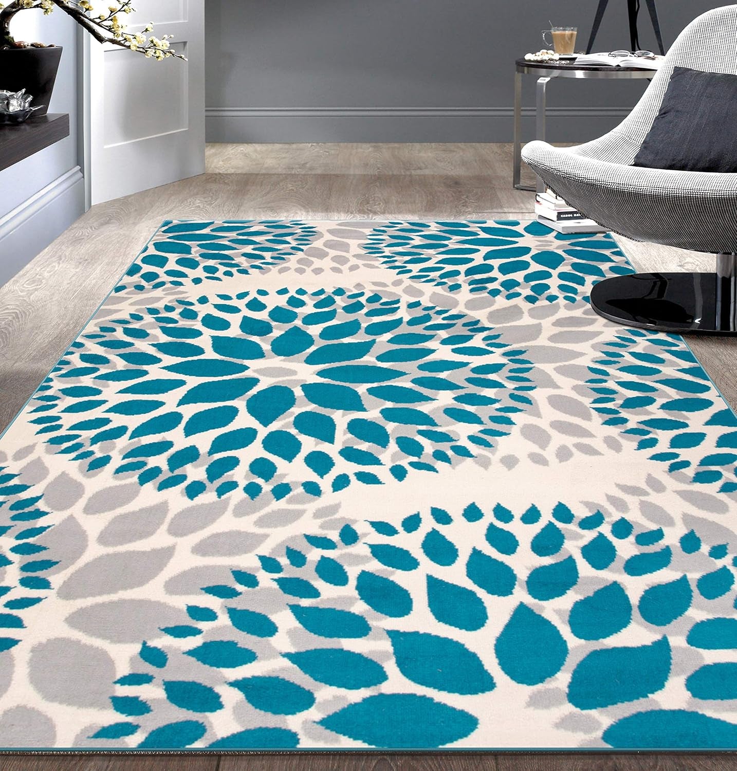 Modern Floral Circles Design for Living Room,Bedroom,Home Office,Kitchen Non Shedding Area Rug 3'1" X 5' Blue - Puck's