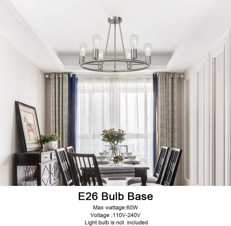 round Farmhouse Chandelier Lighting 6-Light Modern Indoor Ceiling Lights Brushed Nickel Mid Century Flush Mount Light Fixtures Ceiling Kitchen Island Dining Room Lighting UL Listed - Puck's