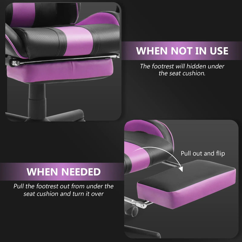 Gaming Chair with Footrest, Office Computer Chair with Massage Lumbar Pillow and Headrest, Swivel Leather Gamer Chairs for Adults Kids, Purple - Puck's