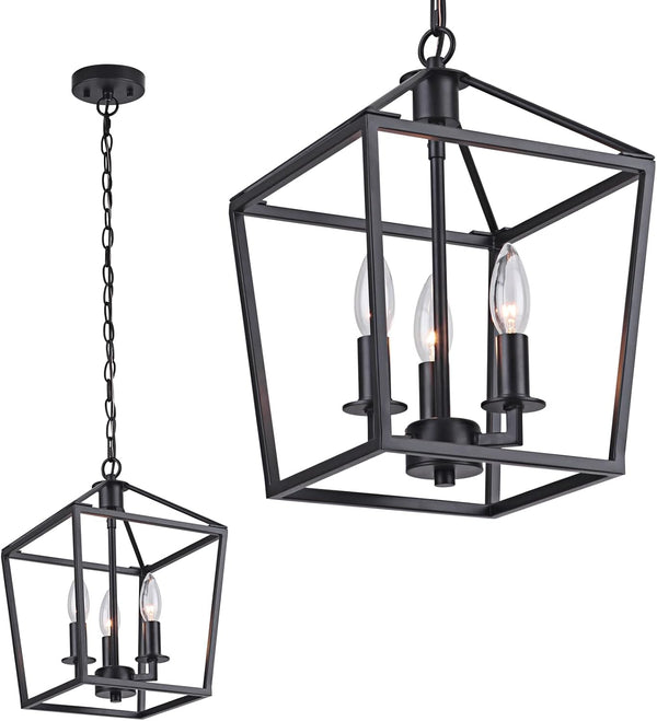 3-Light Industrial Pendant Light Metal Lantern Pendant Lighting Cage Chandelier Adjustable Farmhouse Chandelier for Kitchen Island Foyer Living Room Bar Restaurant,Matte Black - Puck's